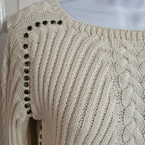Zara Womens Medium Beige Cable Knit Sweater Studded Ribbed Preppy Boho Layering - Picture 3 of 8